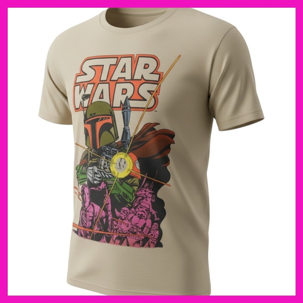 Star Wars Boba Fett Graphic Tee Mens Medium Tan Princess Leia Stormtrooper Shirt